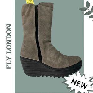 Fly London  Yemy Platform Wedge Boot Oil Suede Diesel Black Size 5.5 US 36 EU